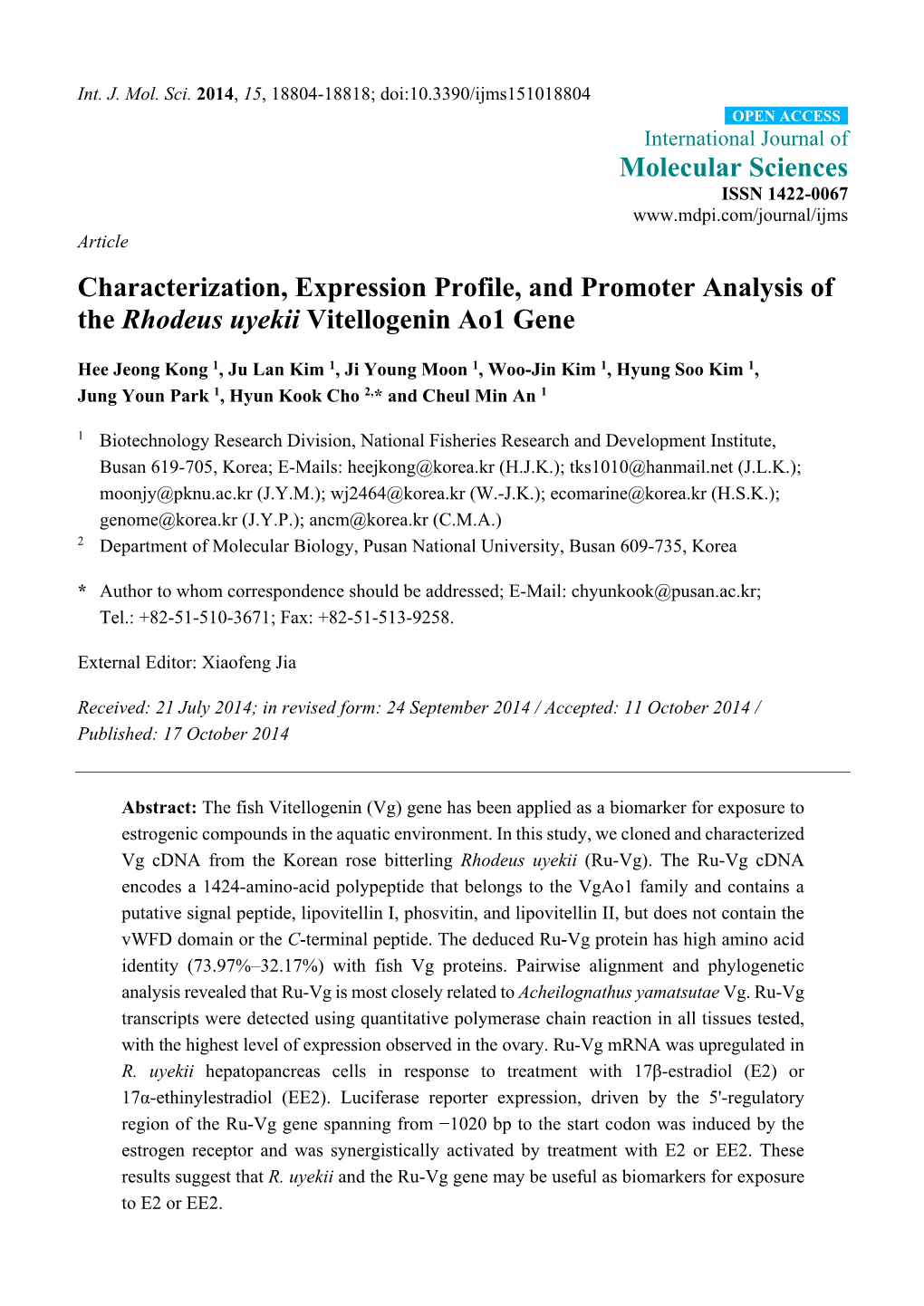 Characterization, Expression Profile, and Promoter Analysis of the Rhodeus Uyekii Vitellogenin Ao1 Gene