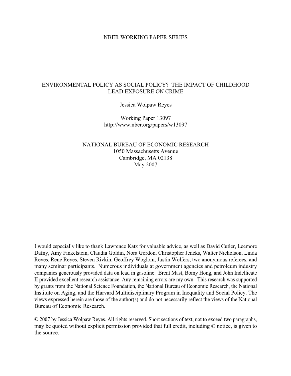 Environmental Policy As Social Policy? the Impact of Childhood Lead Exposure on Crime