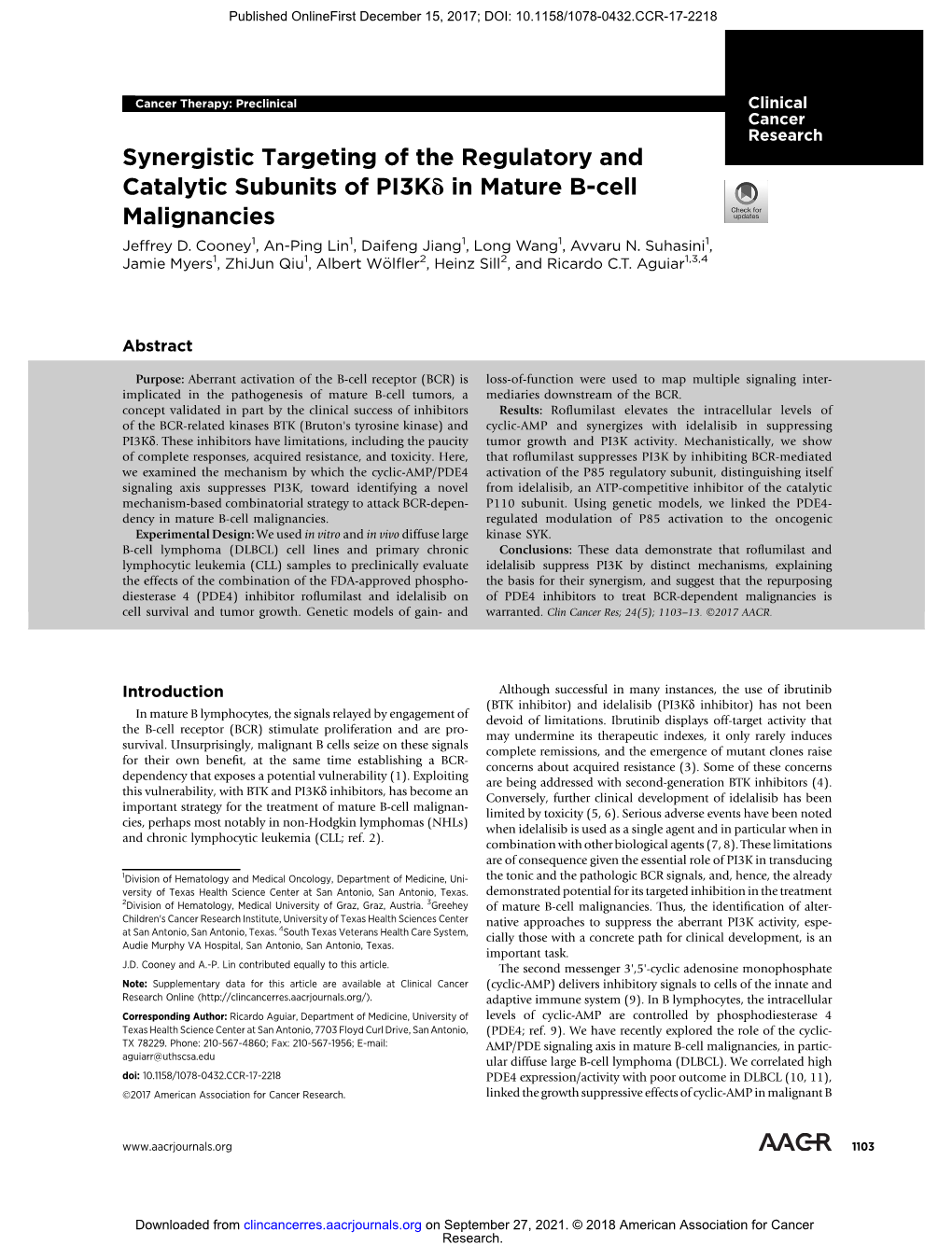 Synergistic Targeting of the Regulatory and Catalytic Subunits of Pi3kd in Mature B-Cell Malignancies Jeffrey D