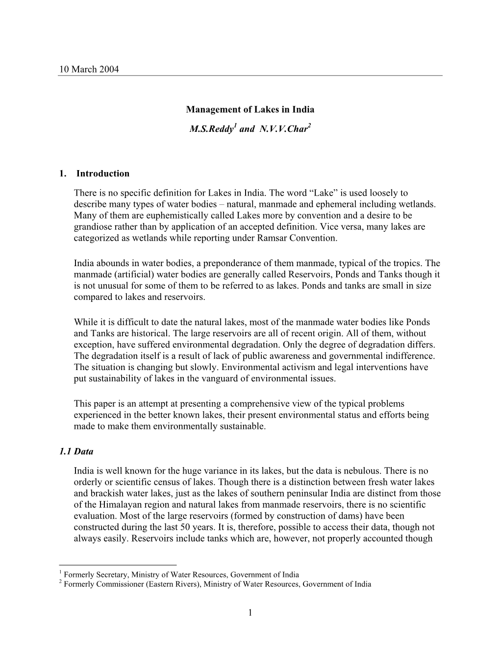 Management of Lakes in India M.S.Reddy1 and N.V.V.Char2