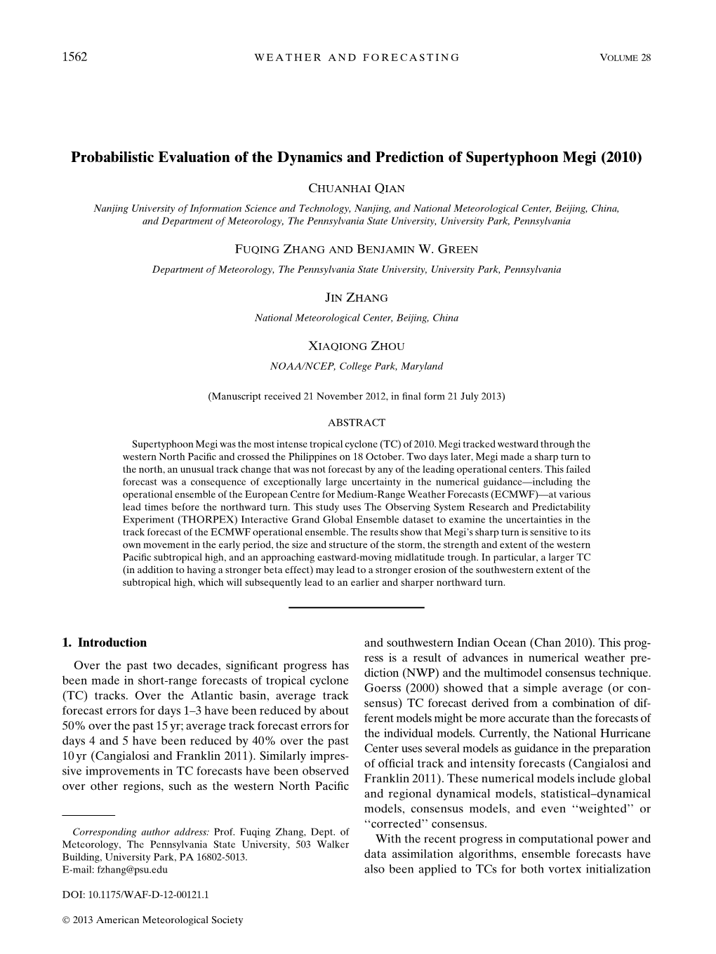 Probabilistic Evaluation of the Dynamics and Prediction of Supertyphoon Megi (2010)