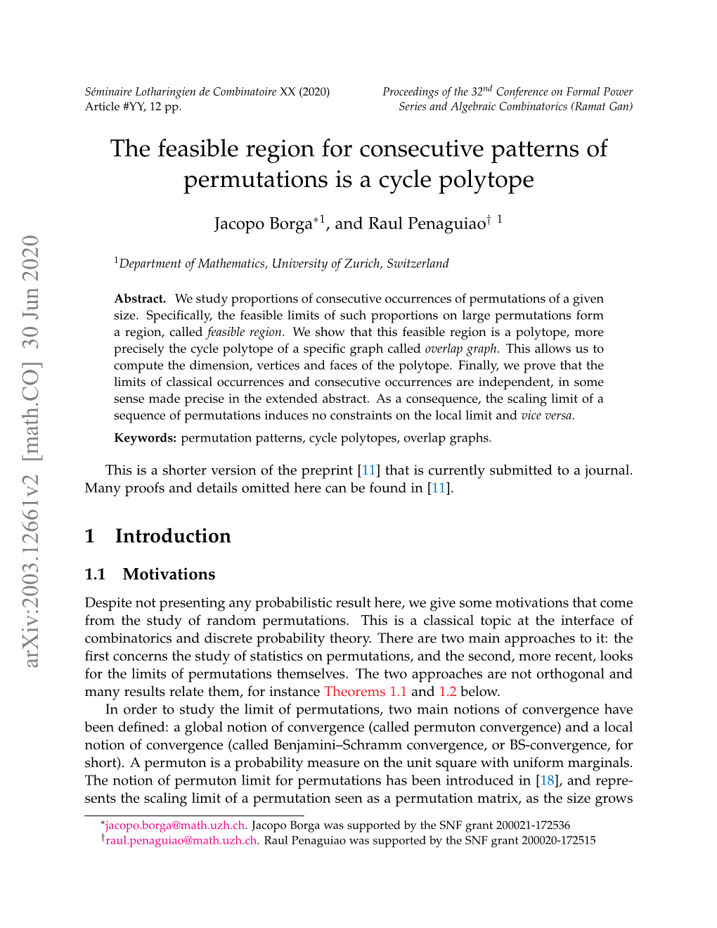 The Feasible Region for Consecutive Patterns of Permutations Is a Cycle Polytope