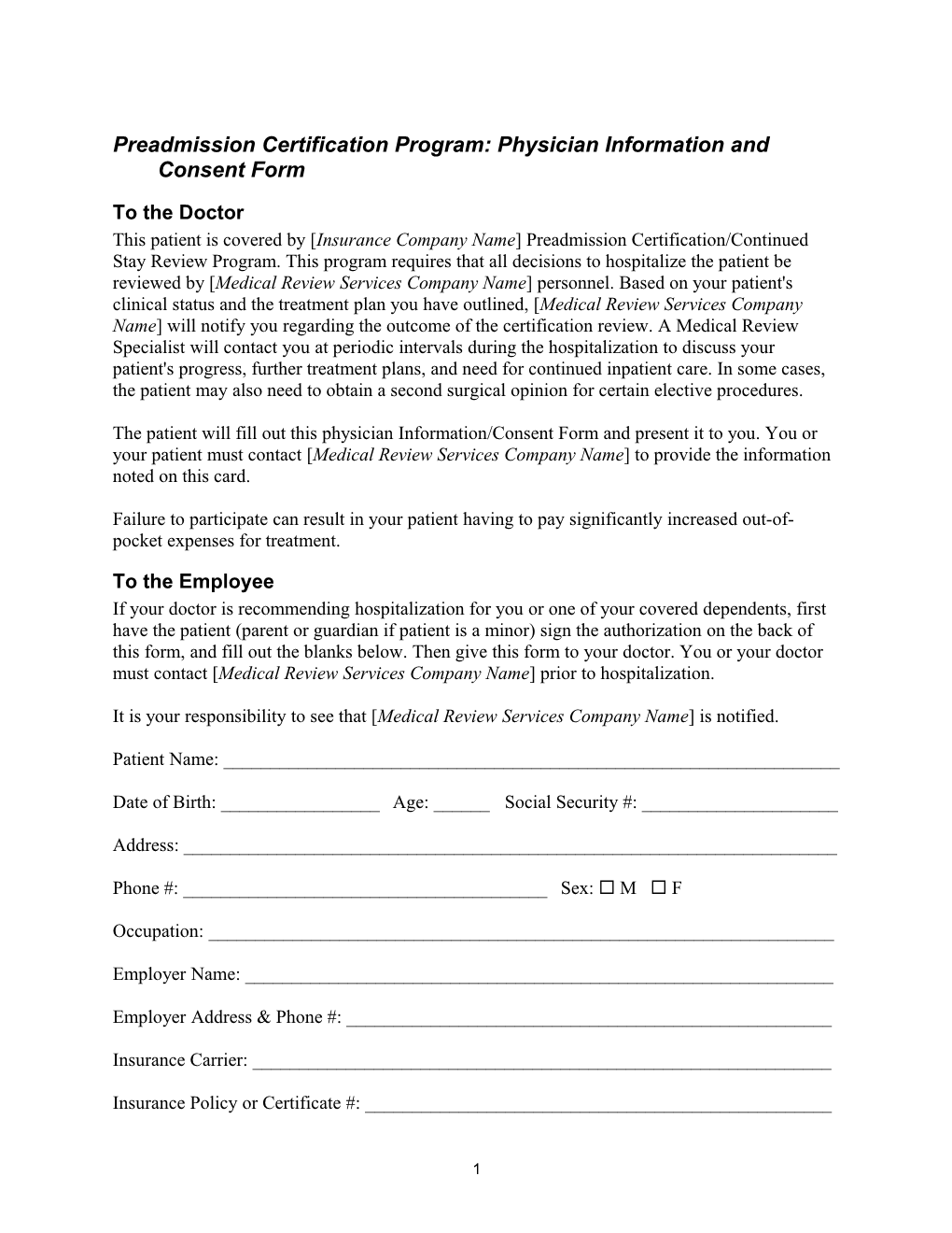 Preadmission Certification Program: Physician Information and Consent Form