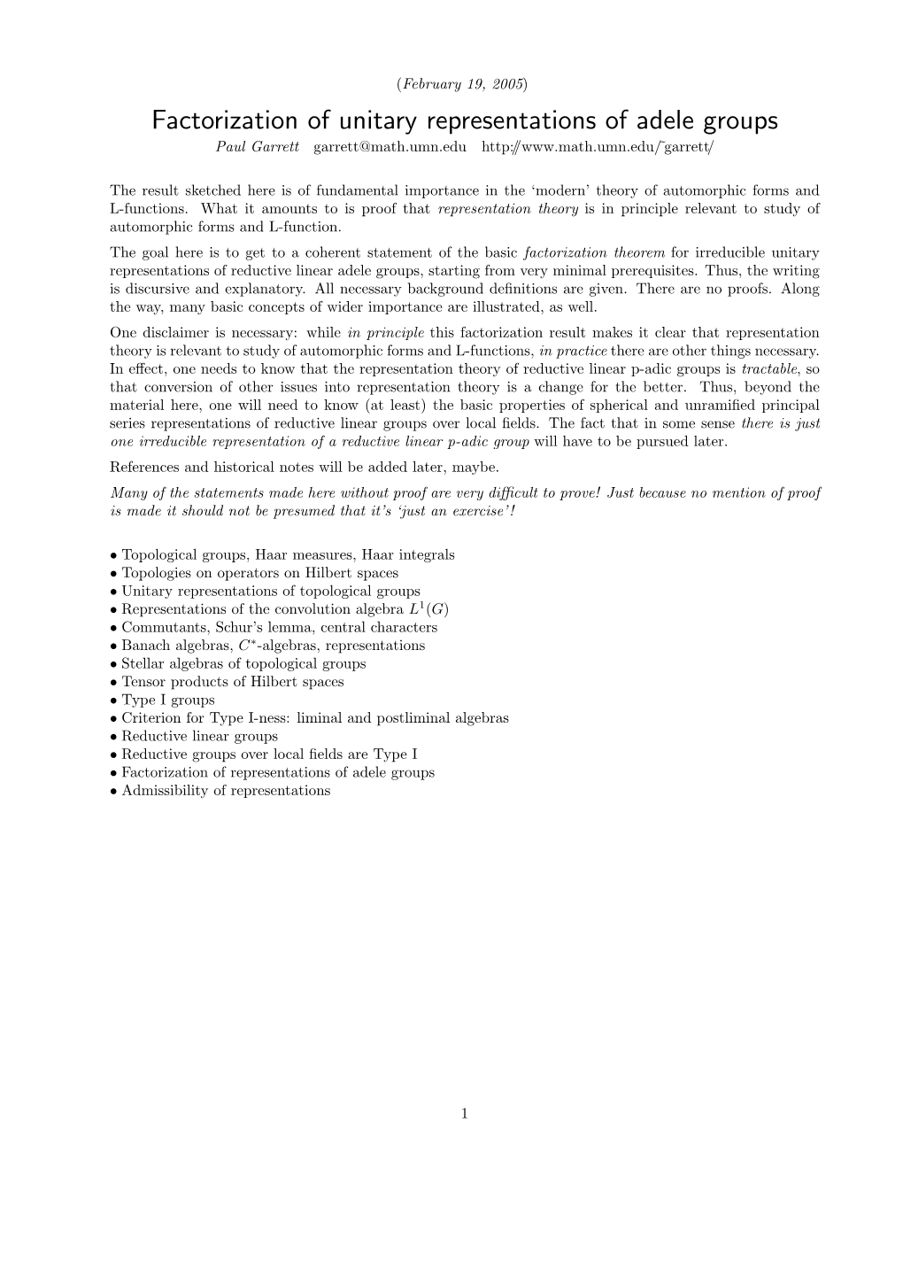 Factorization of Unitary Representations of Adele Groups Paul Garrett Garrett@Math.Umn.Edu