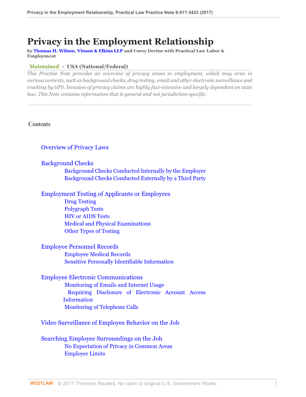 Privacy in the Employment Relationship, Practical Law Practice Note 6-517-3422 (2017)