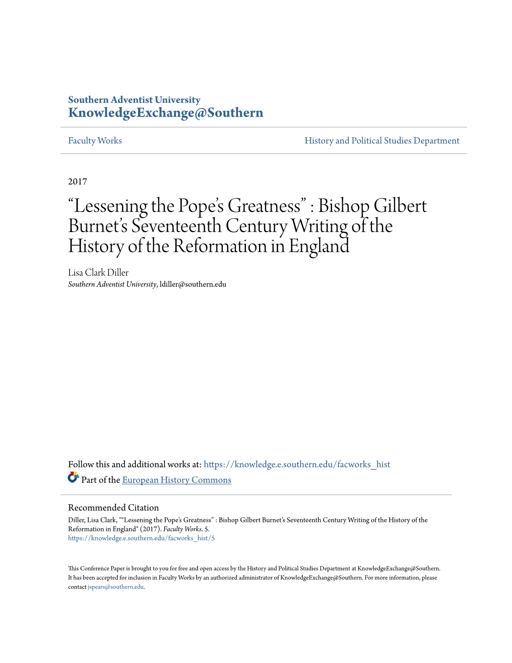 Bishop Gilbert Burnet's Seventeenth Century Writing of the History of the Reformation