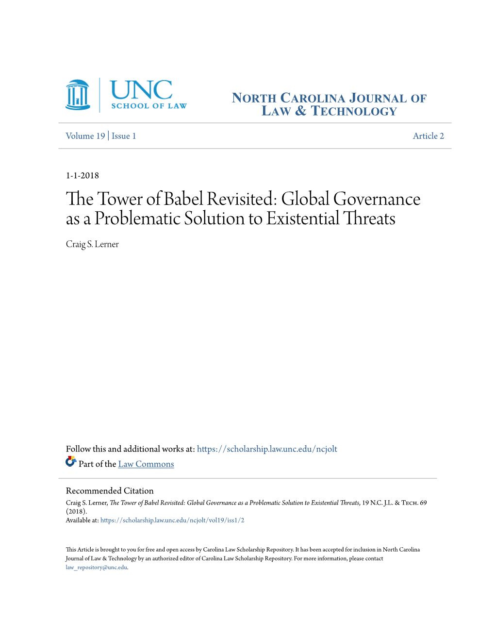 The Tower of Babel Revisited: Global Governance As a Problematic Solution to Existential Threats, 19 N.C