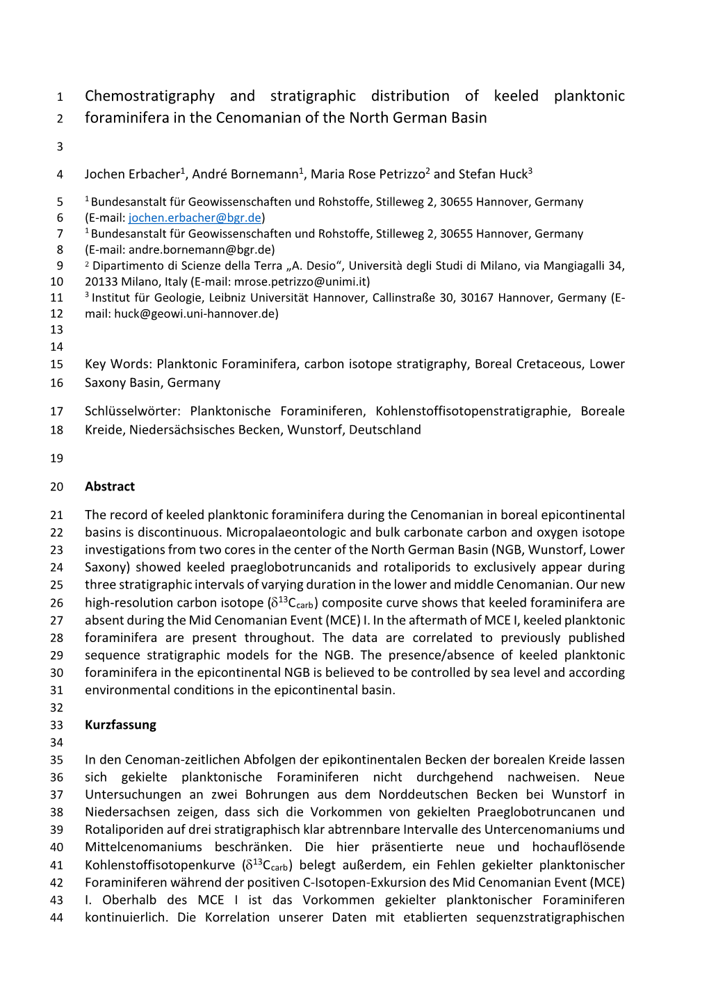 Chemostratigraphy and Stratigraphic Distribution of Keeled Planktonic 2 Foraminifera in the Cenomanian of the North German Basin