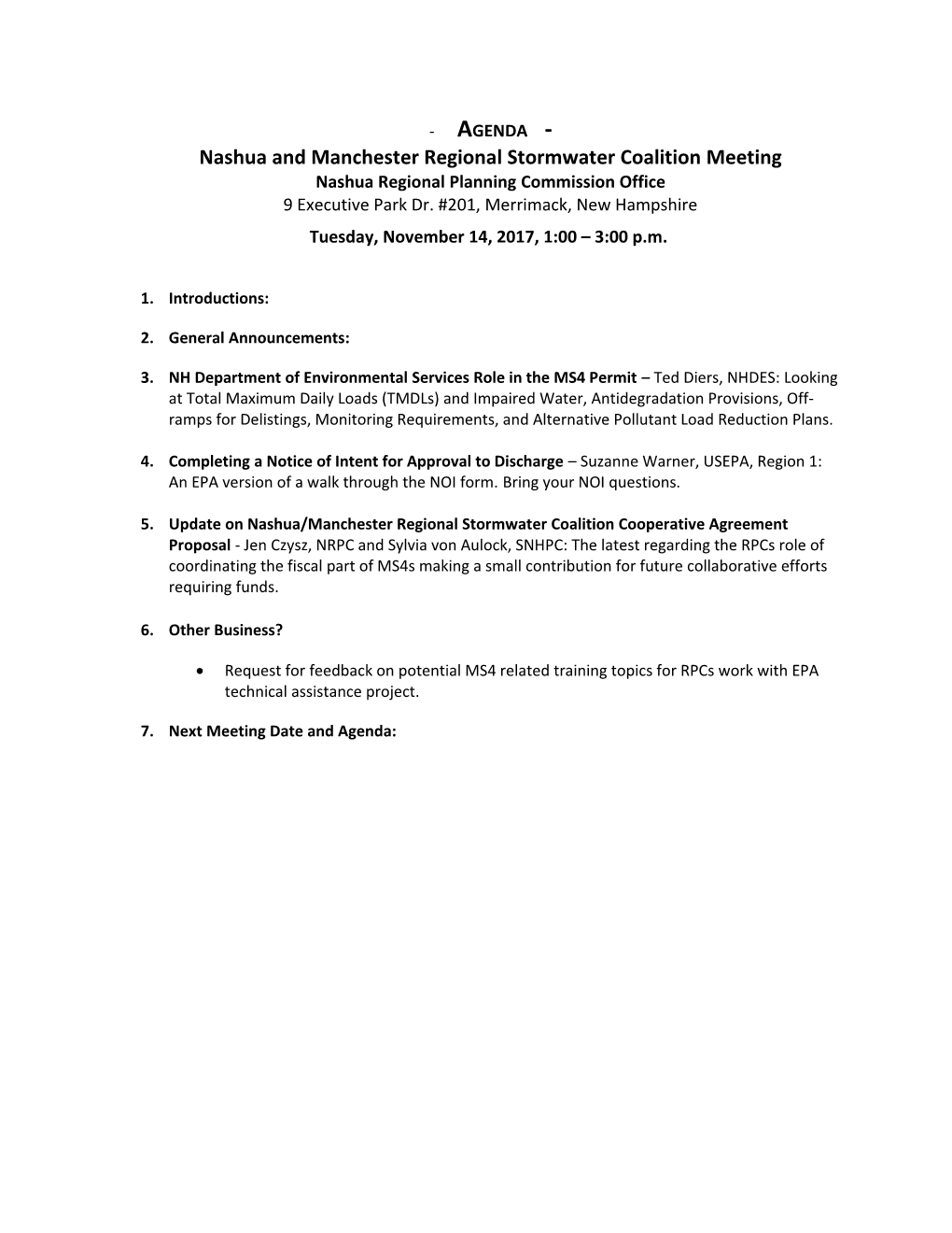 Nashua and Manchester Regional Stormwater Coalition Meeting