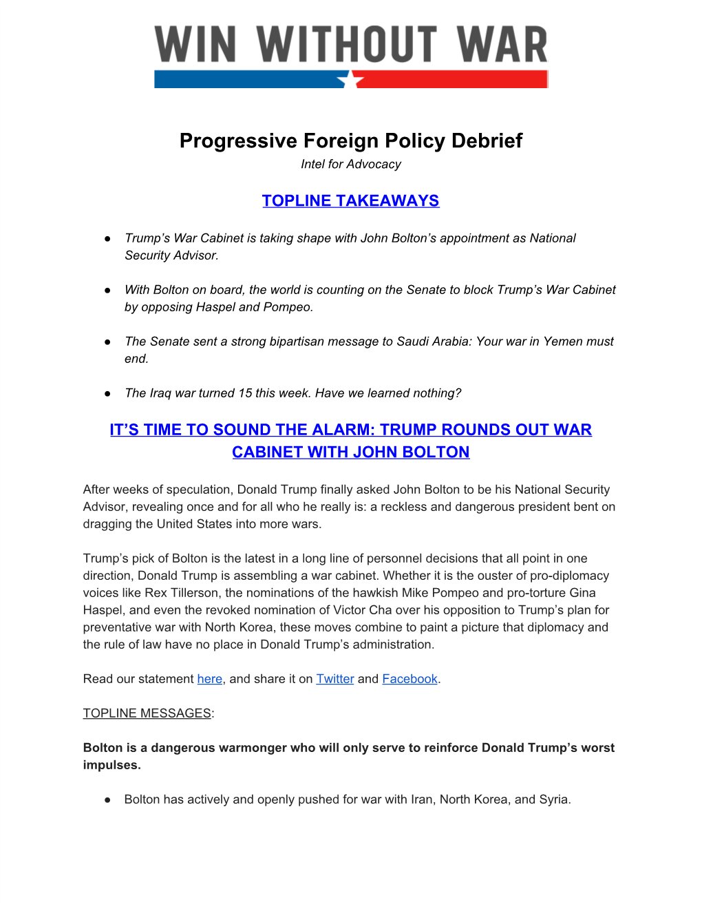 Progressive Foreign Policy Debrief Intel for Advocacy