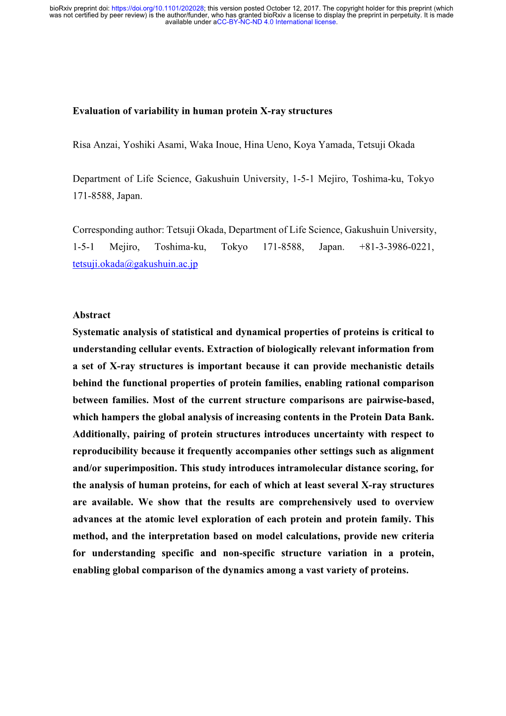 Evaluation of Variability in Human Protein X-Ray Structures Risa Anzai