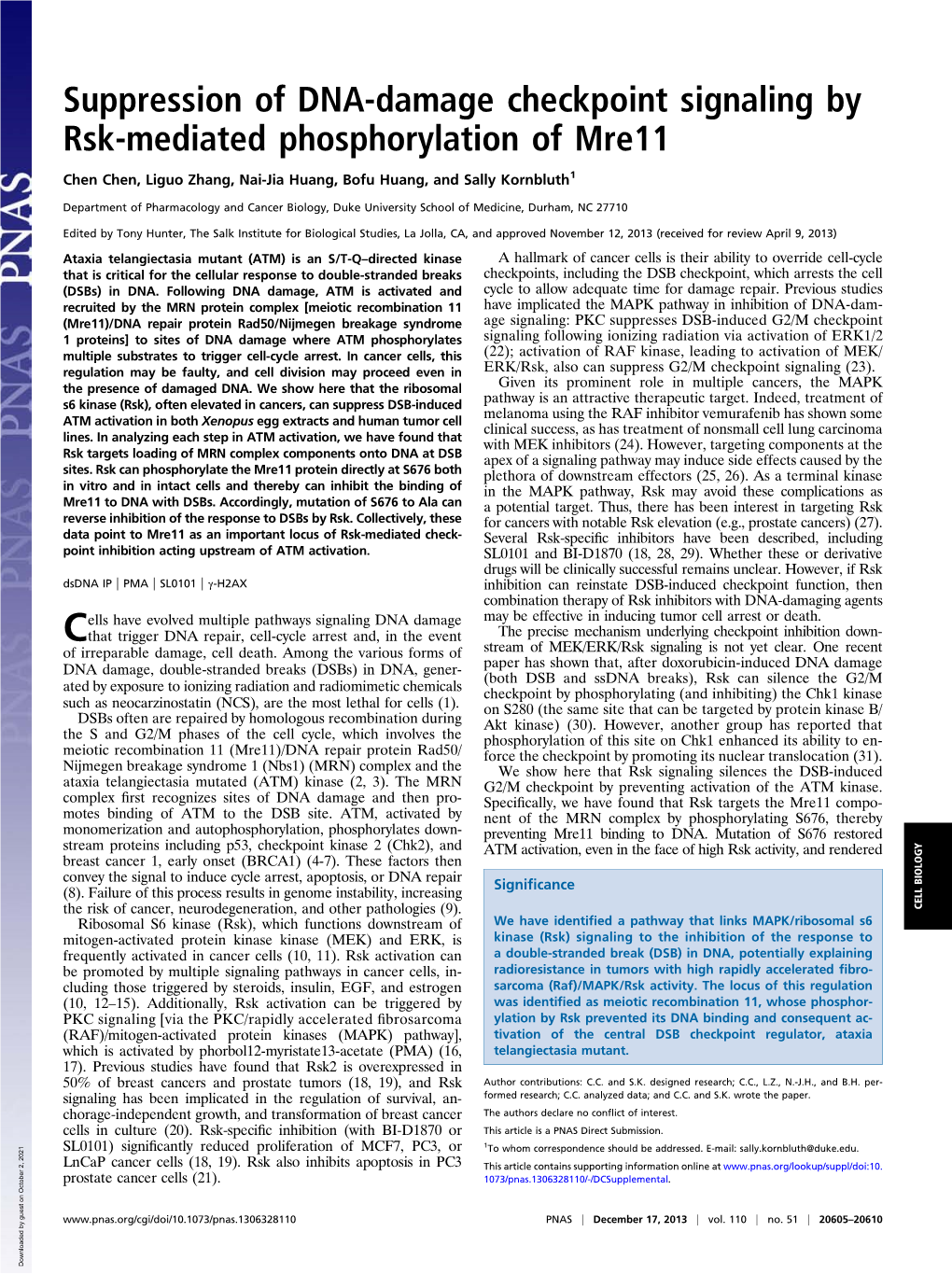 Suppression of DNA-Damage Checkpoint Signaling by Rsk-Mediated Phosphorylation of Mre11