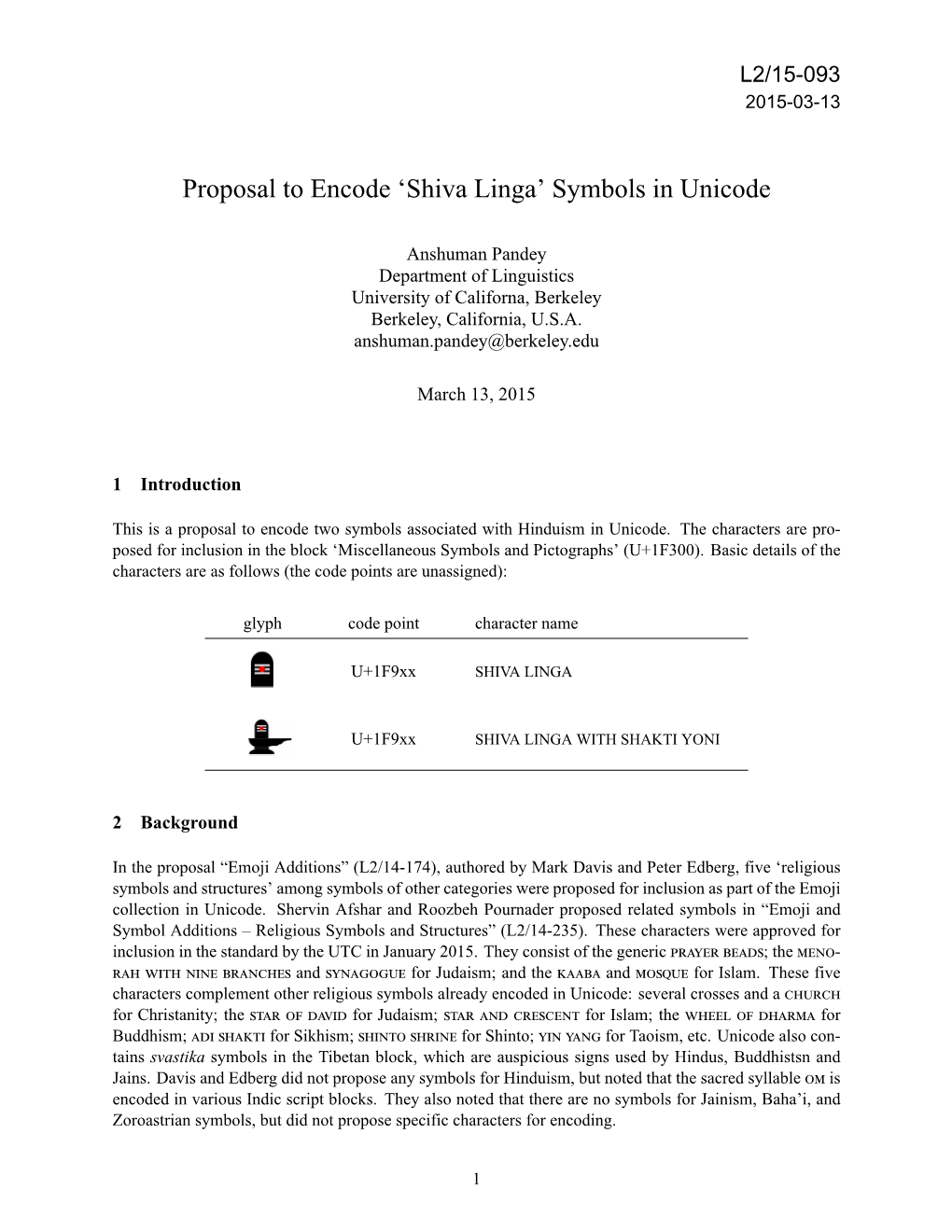 Proposal to Encode 'Shiva Linga' Symbols in Unicode