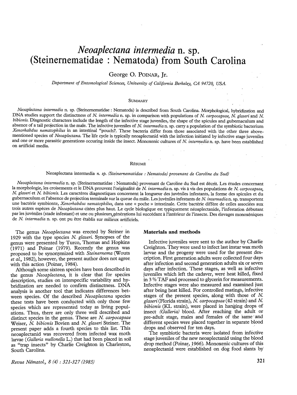 Neoplectana Intermedia N. Sp. (Steinernematidae : Nematoda