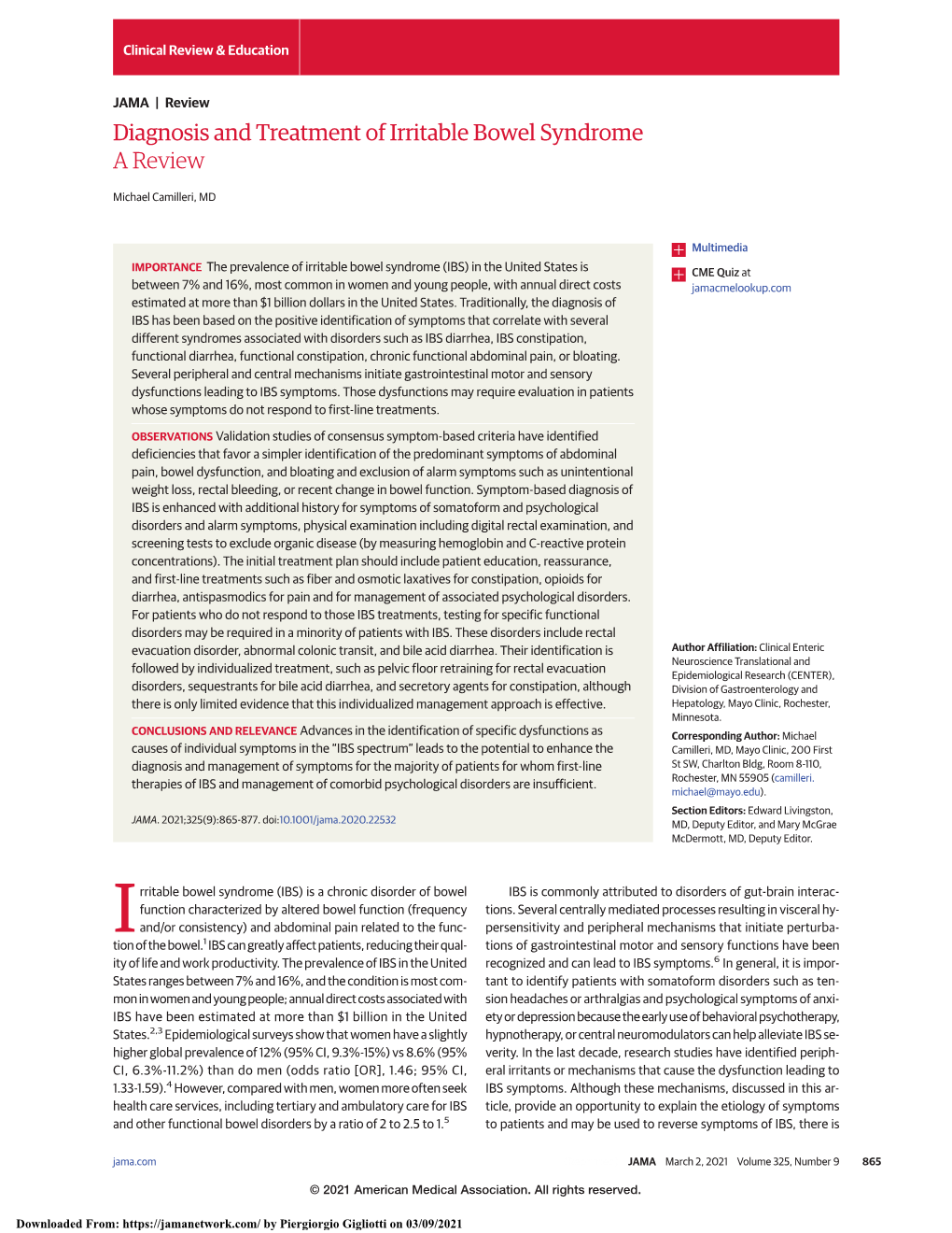 Diagnosis and Treatment of Irritable Bowel Syndrome a Review