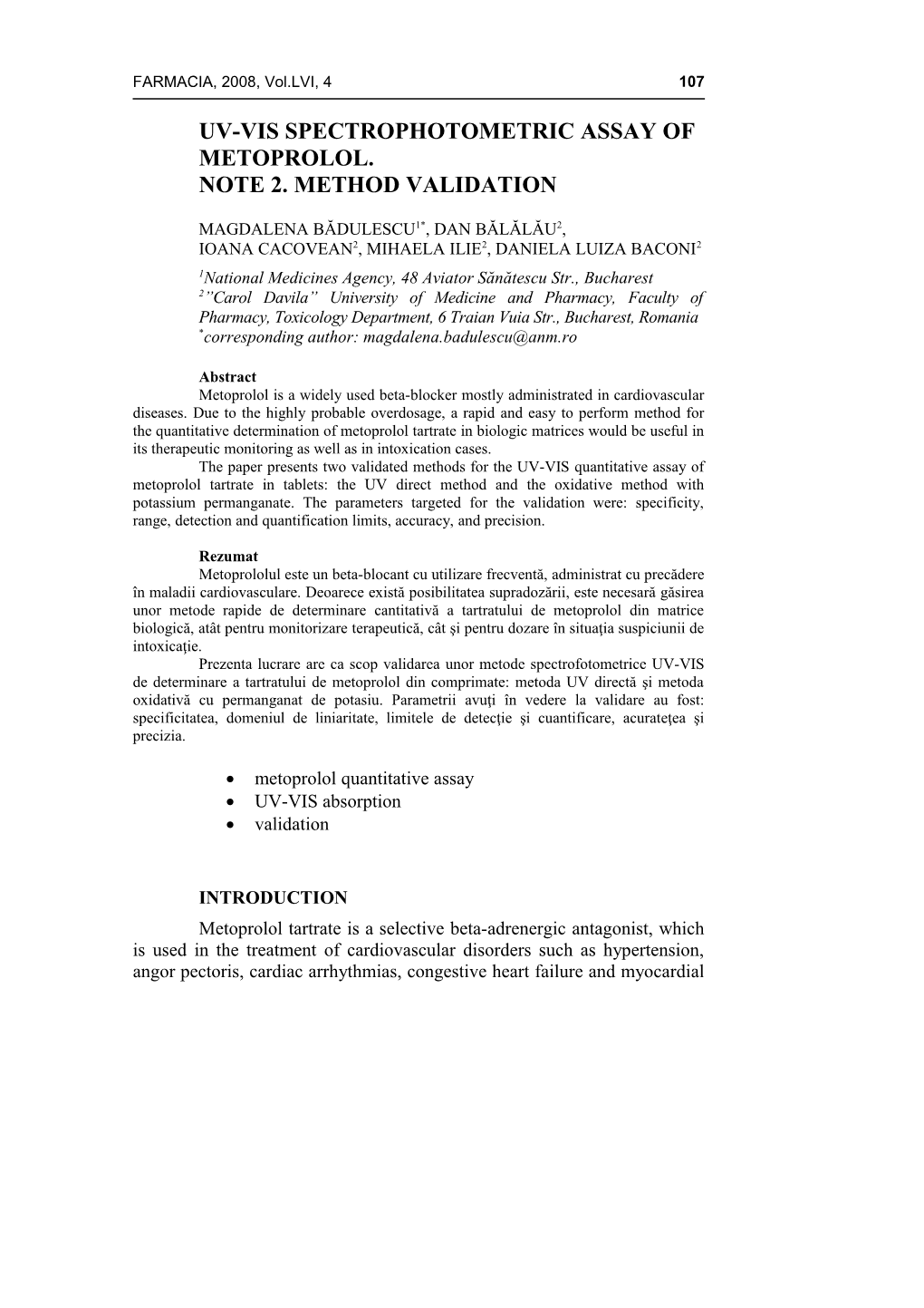 Uv-Vis Spectrophotometric Assay Of Metoprolol