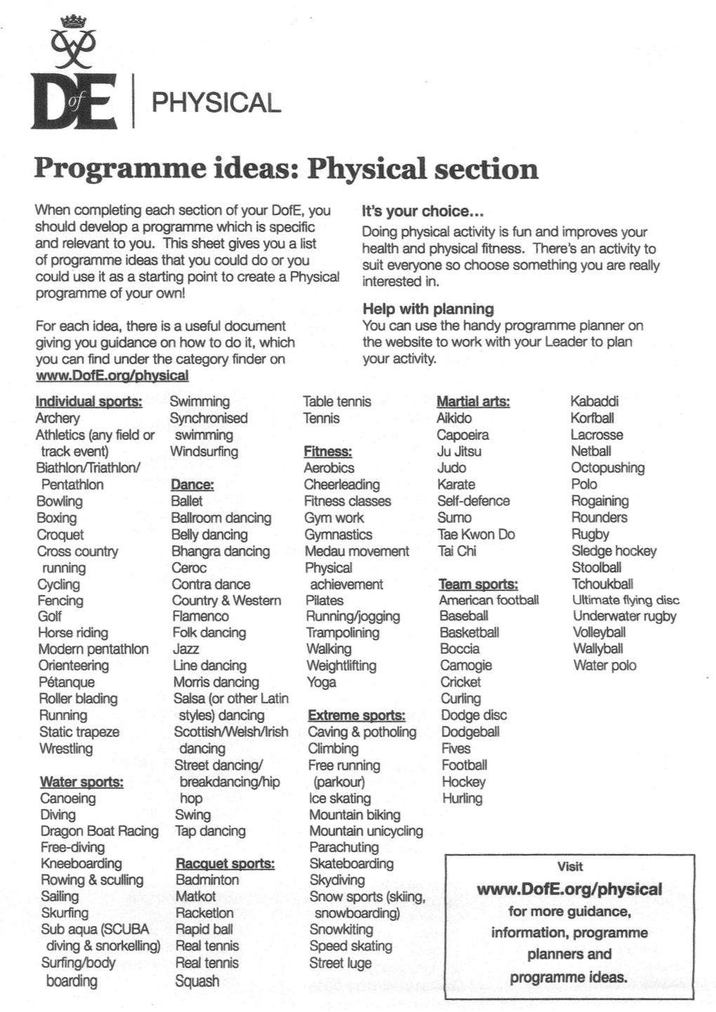 PHYSICAL N Programme Ideas