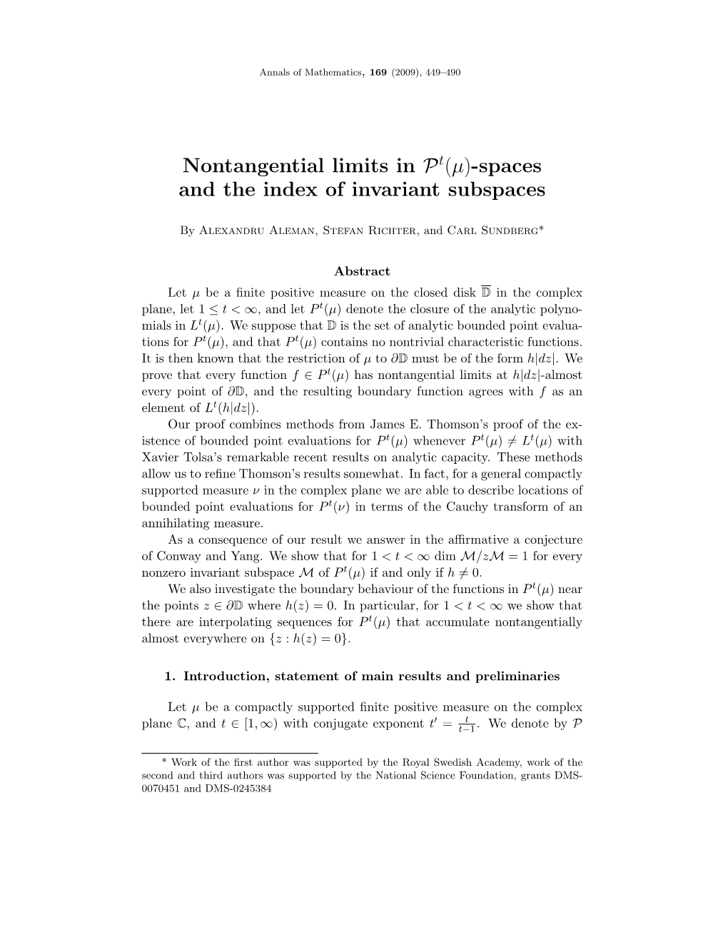 Nontangential Limits in Pt(Μ)-Spaces and the Index of Invariant Subspaces