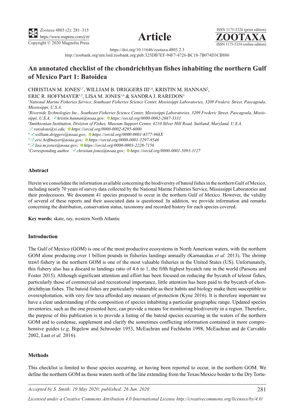 An Annotated Checklist of the Chondrichthyan Fishes Inhabiting the Northern Gulf of Mexico Part 1: Batoidea