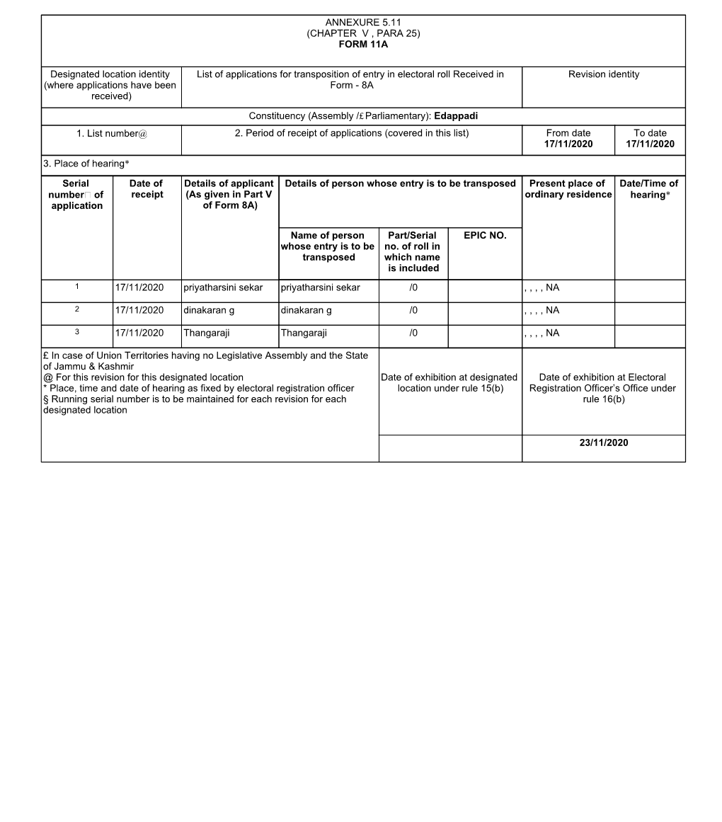 FORM 11A Designated Location Identity