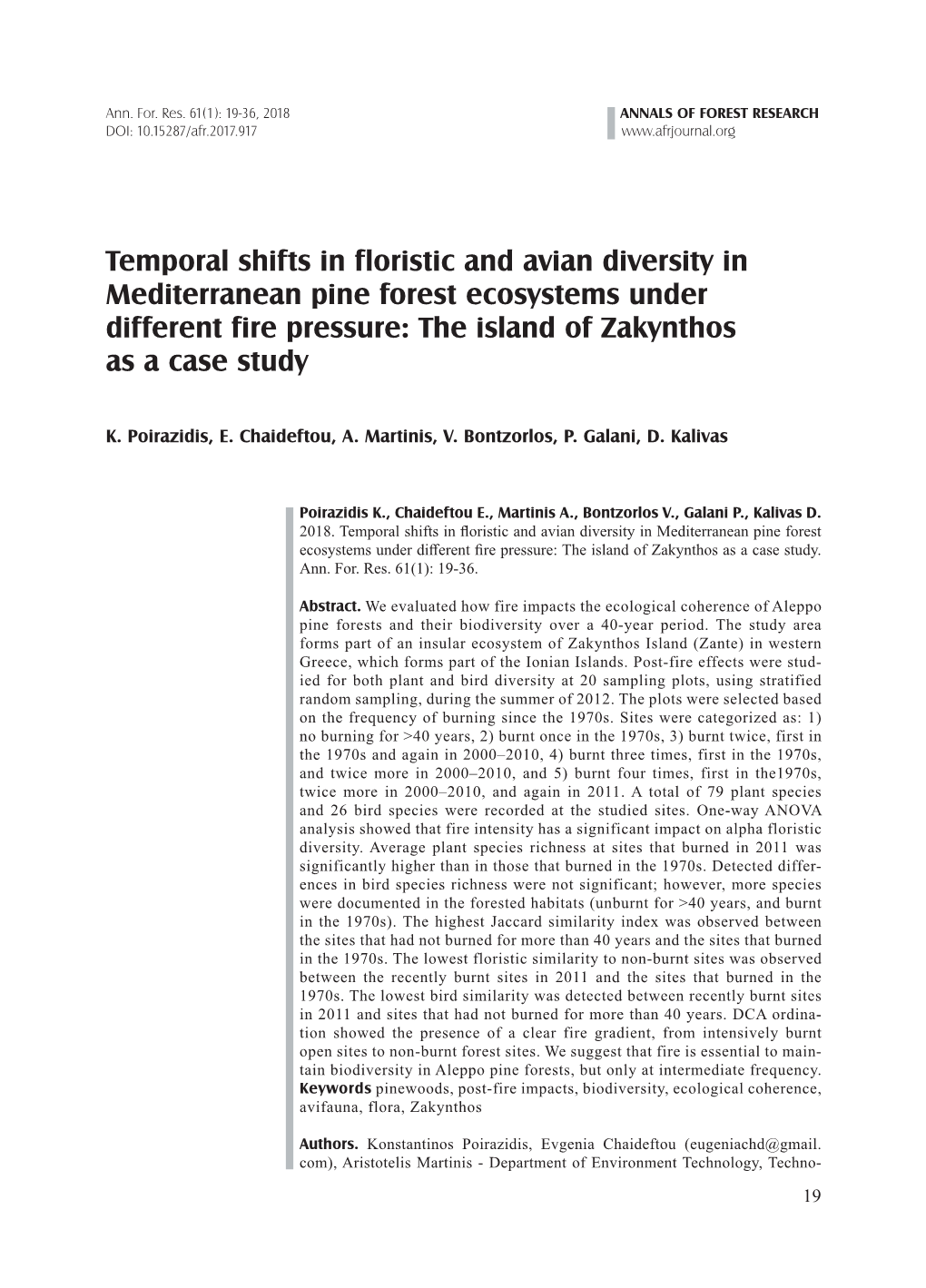 Temporal Shifts in Floristic and Avian Diversity in Mediterranean Pine Forest Ecosystems Under Different Fire Pressure: the Island of Zakynthos As a Case Study