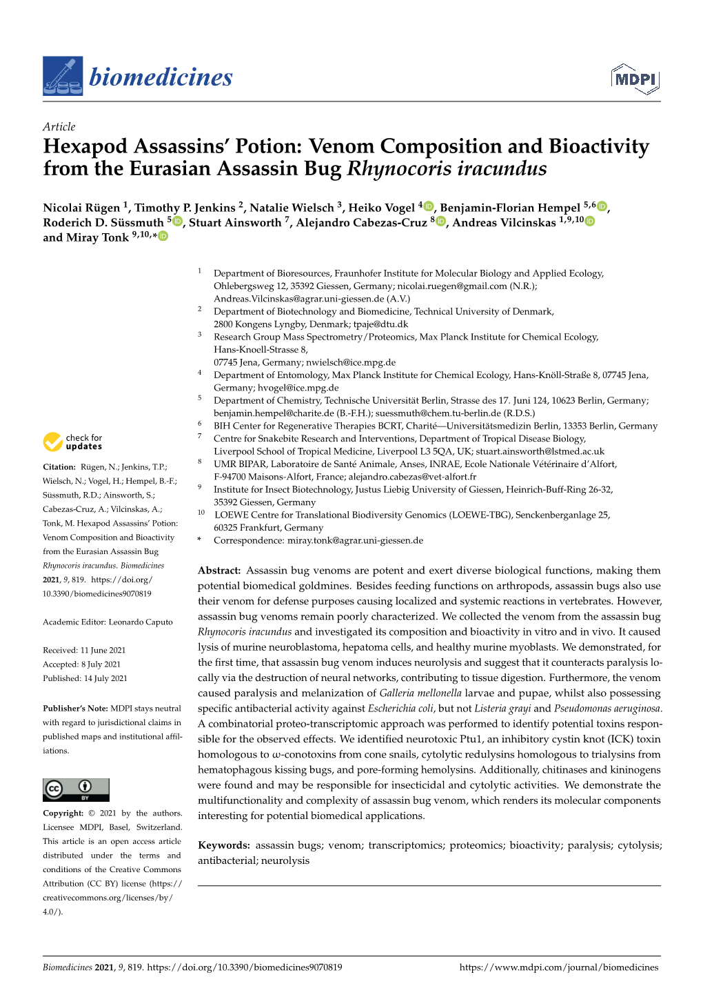 Venom Composition and Bioactivity from the Eurasian Assassin Bug Rhynocoris Iracundus