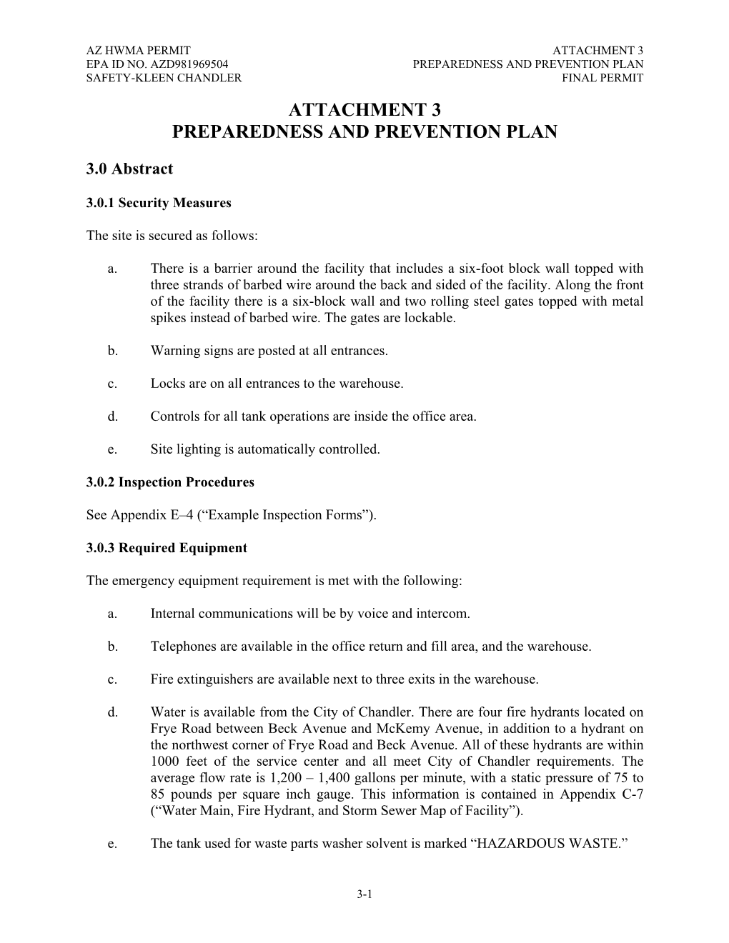 Attachment 3 Preparedness and Prevention Plan