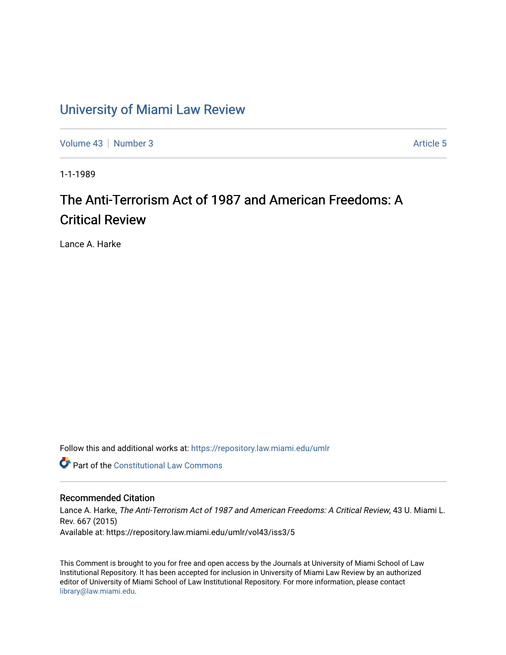 The Anti-Terrorism Act of 1987 and American Freedoms: a Critical Review