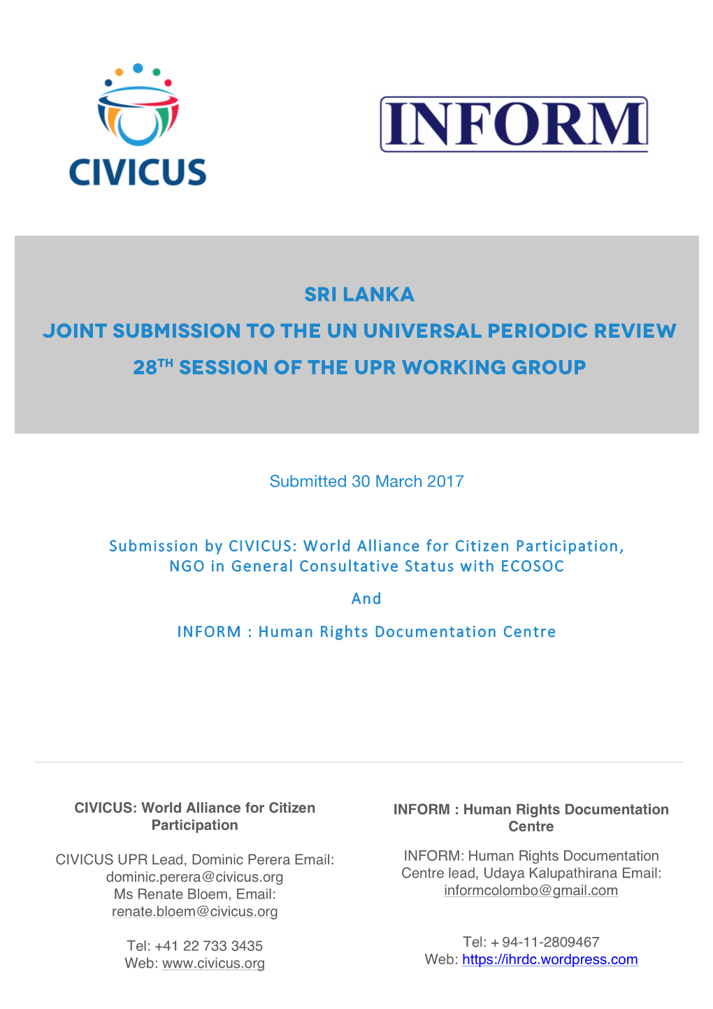 Sri Lanka Joint Submission to the UN Universal Periodic Review 28Th Session of the UPR Working Group