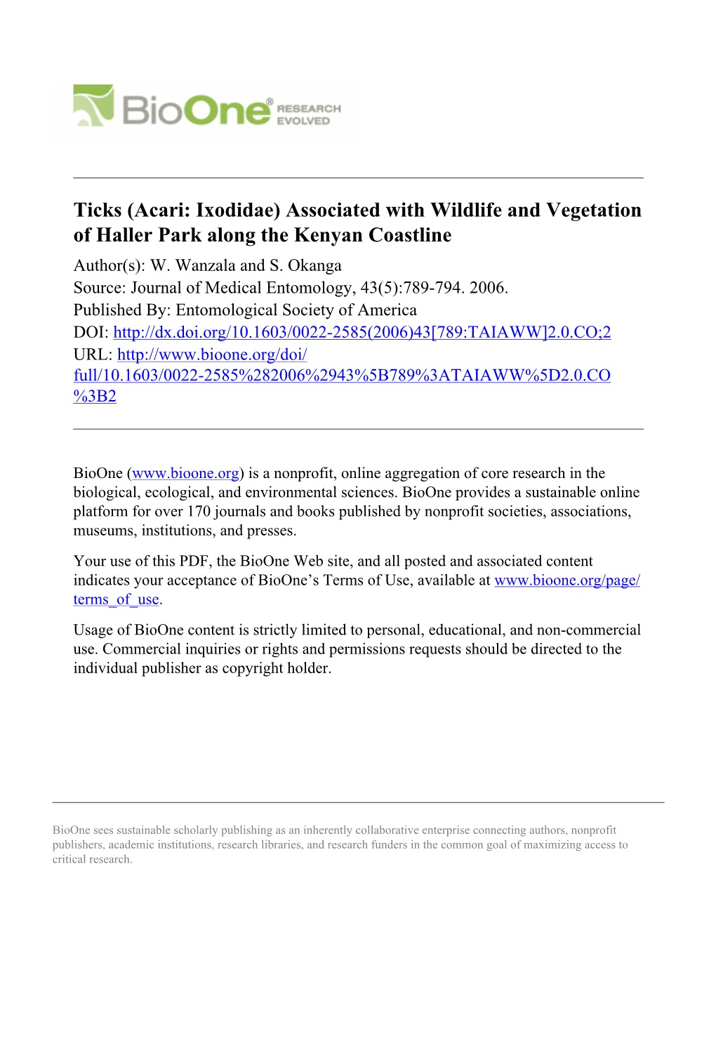 Ticks (Acari: Ixodidae) Associated with Wildlife and Vegetation of Haller Park Along the Kenyan Coastline Author(S): W