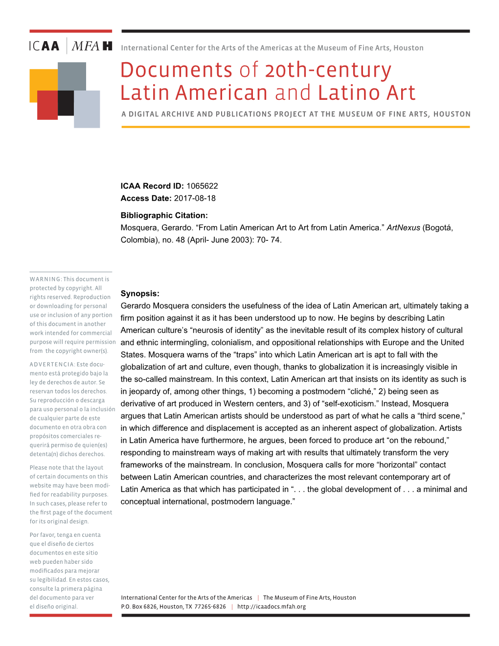 Documents of 20Th-Century Latin American and Latino Art a DIGITAL ARCHIVE and PUBLICATIONS PROJECT at the MUSEUM of FINE ARTS, HOUSTON