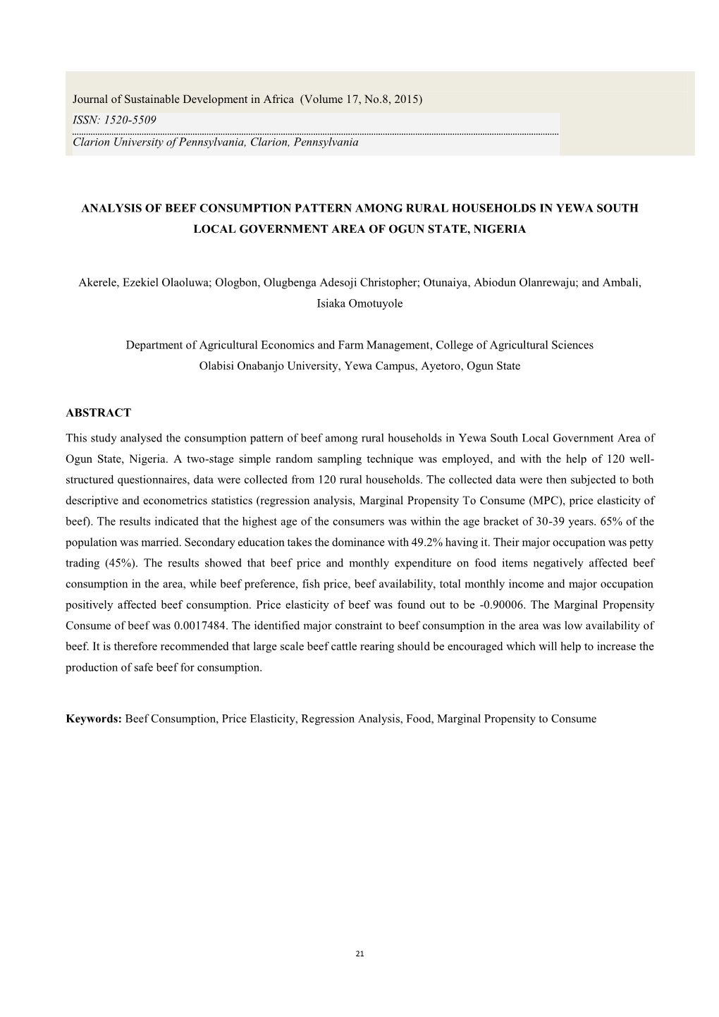 Analysis of Beef Consumption Pattern Among Rural Households in Yewa South Local Government Area of Ogun State, Nigeria