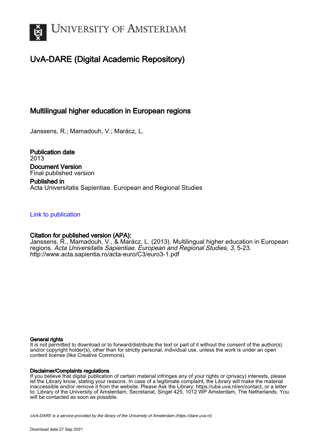 Multilingual Higher Education in European Regions