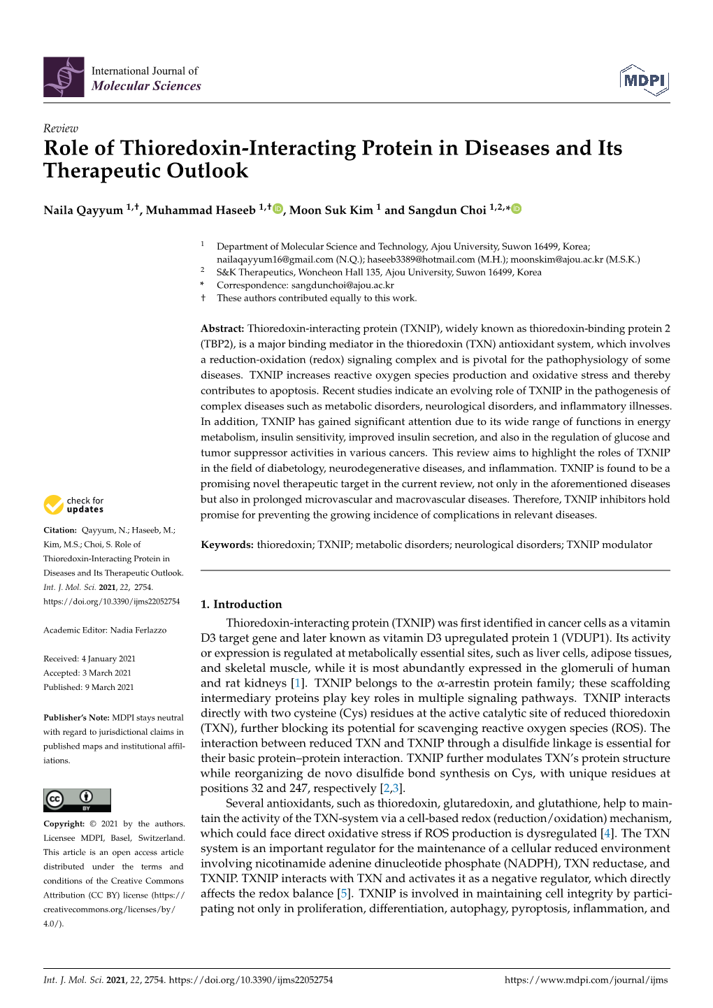 Role of Thioredoxin-Interacting Protein in Diseases and Its Therapeutic Outlook