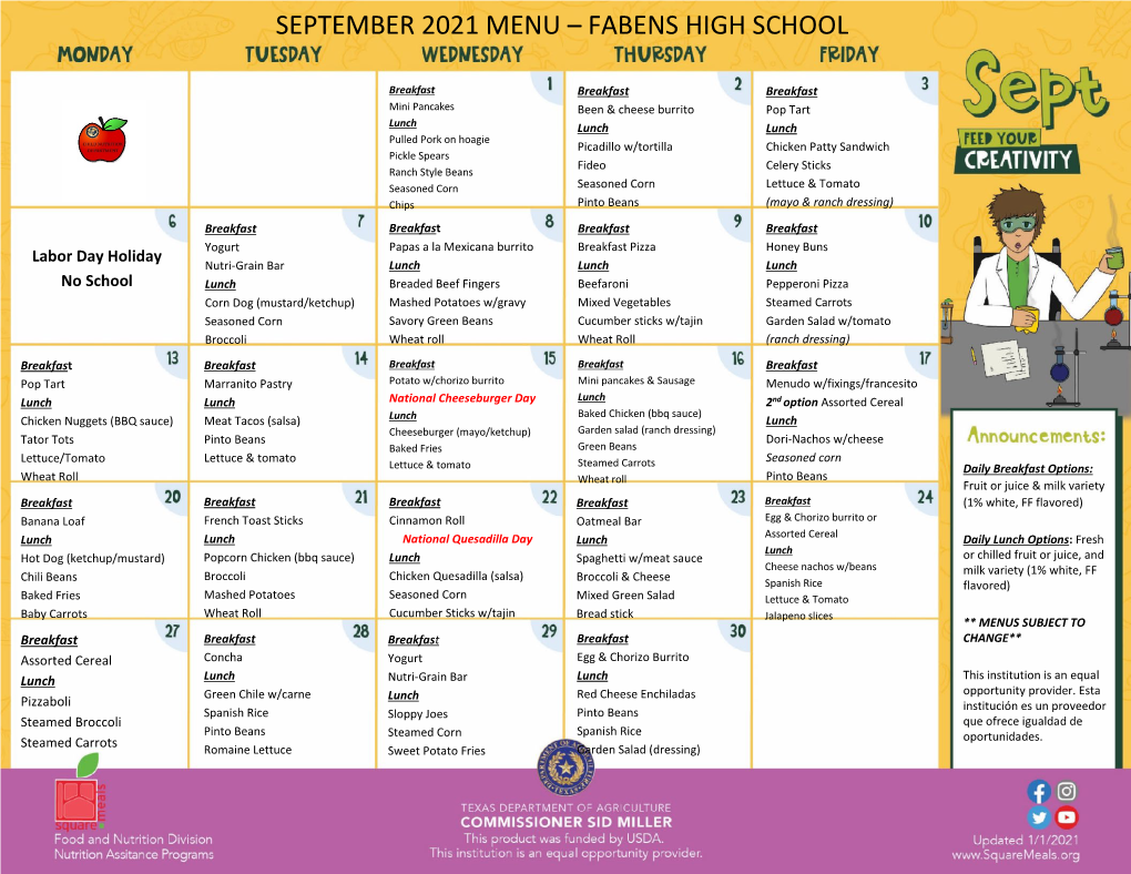 September 2021 Menu – Fabens High School