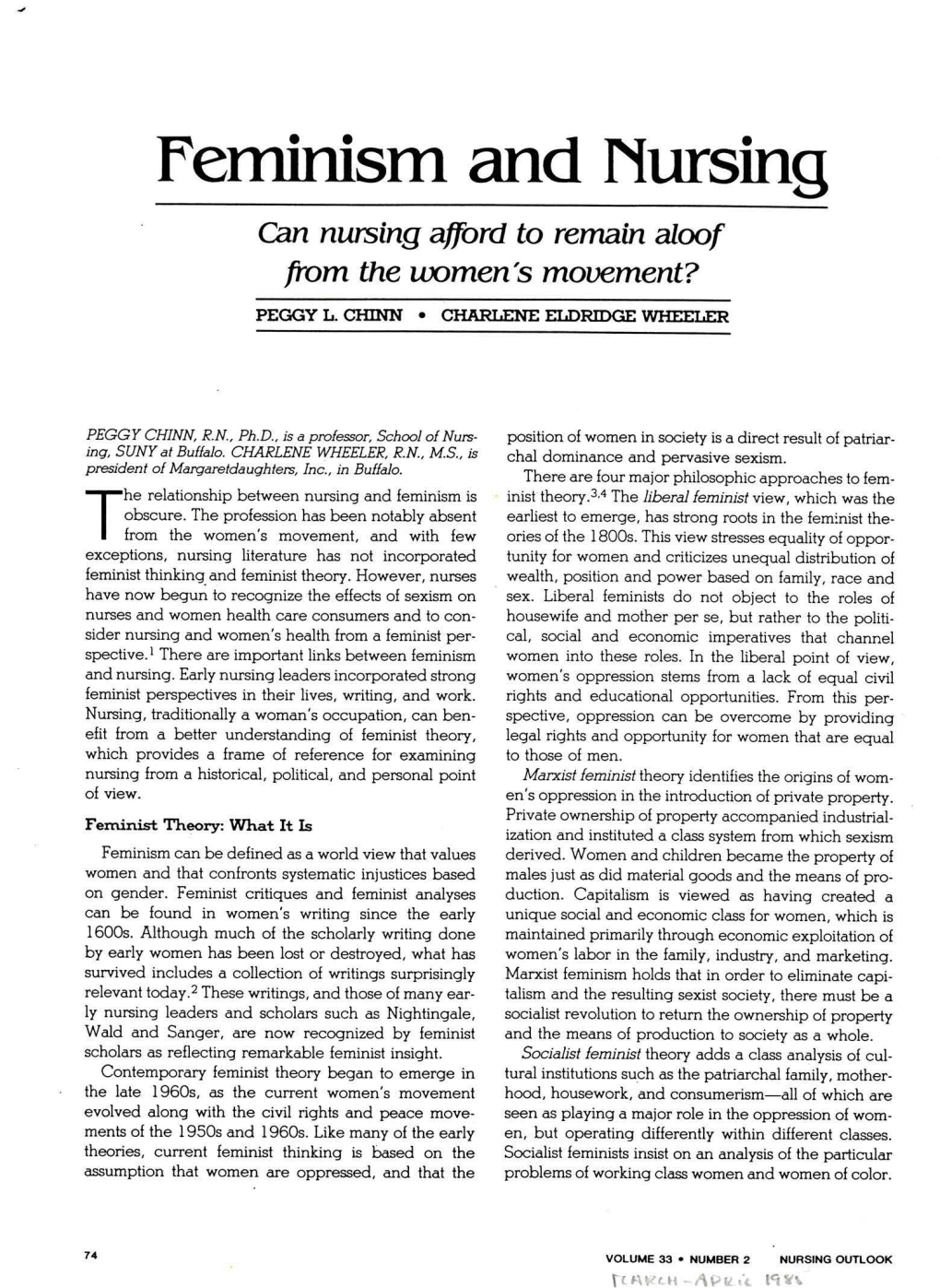 Feminism and Nursing Can Nursing Afford to Remain Aloof from the Women's Movement?