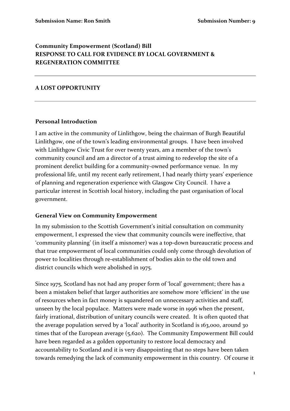 Community Empowerment (Scotland) Bill RESPONSE to CALL for EVIDENCE by LOCAL GOVERNMENT & REGENERATION COMMITTEE