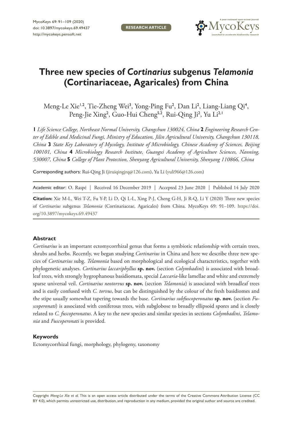 Three New Species of Cortinarius Subgenus Telamonia (Cortinariaceae, Agaricales) from China