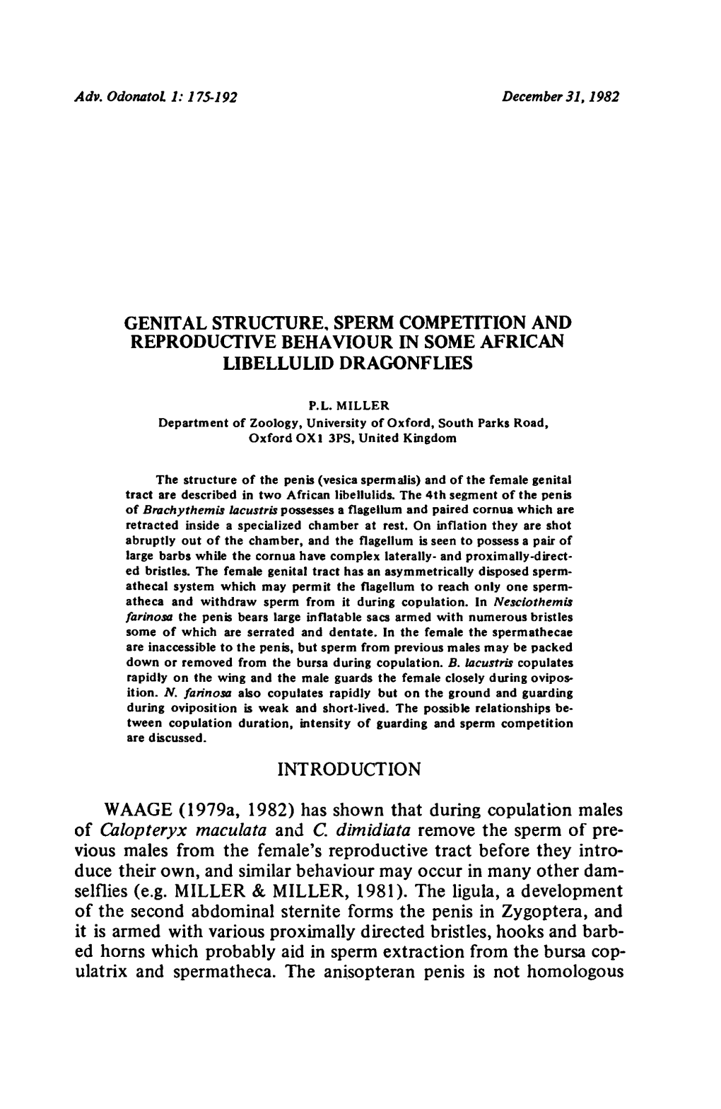 (1979A, During Copulation Calopteryx Reproductive Tract (E.G. MILLER