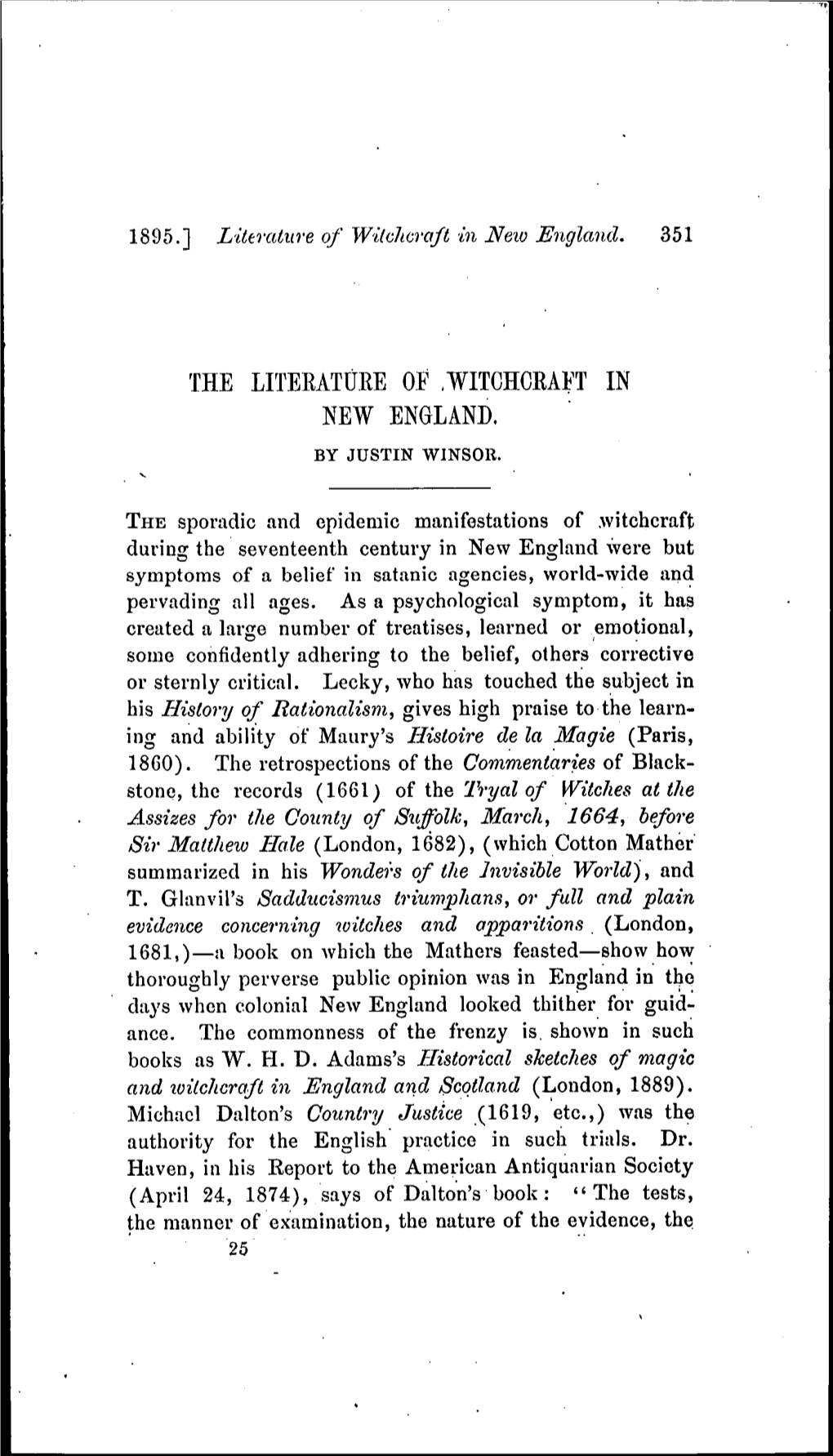 The Literature of .Witchcraft in New England. by Justin Winsor