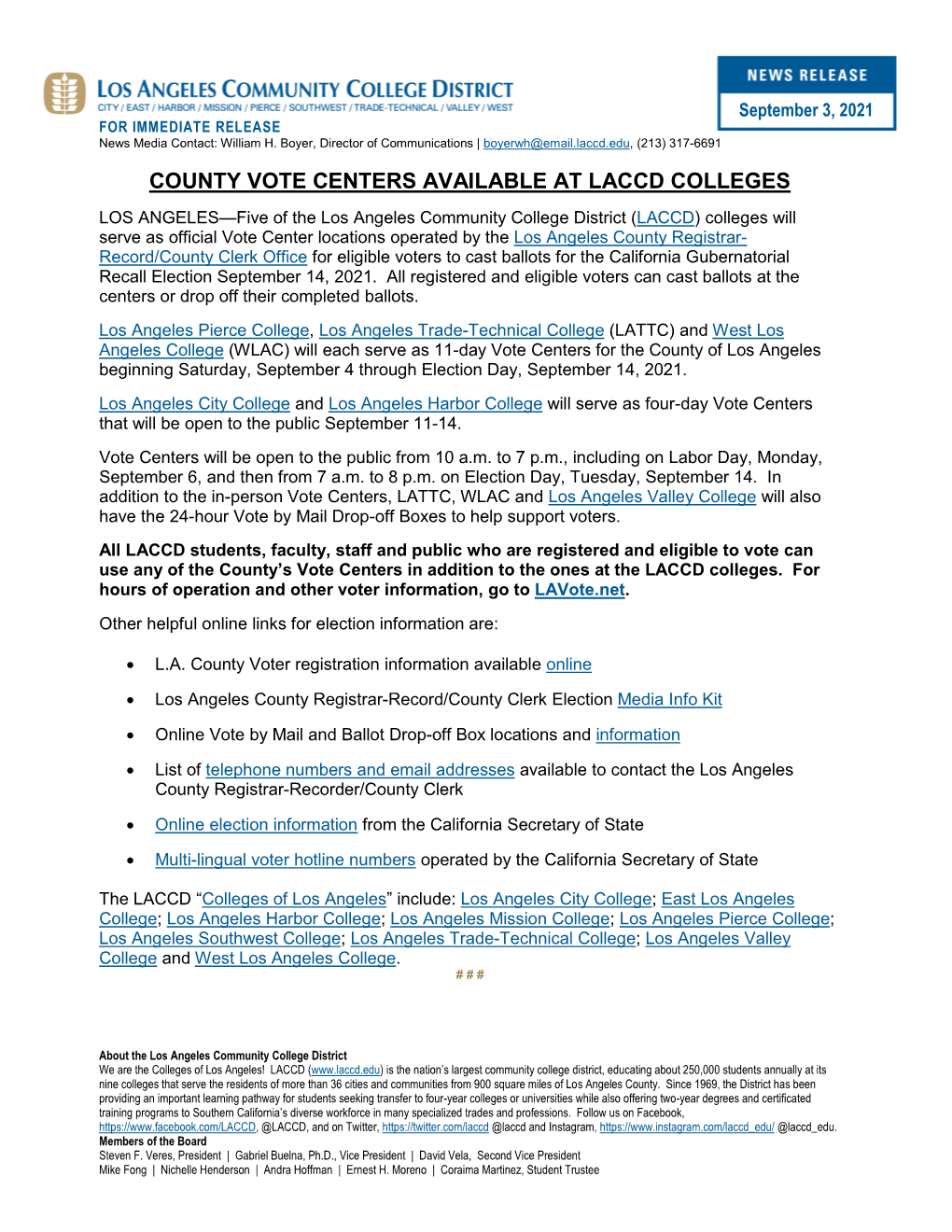 LACCD Vote Center Information for September 14 Recall Election