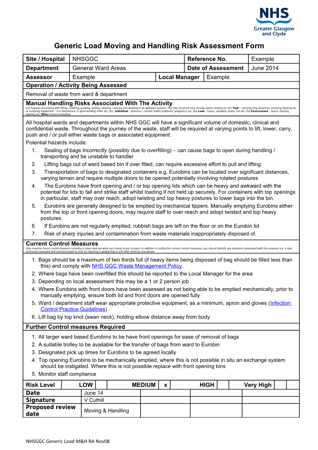 Generic Load Moving and Handling Risk Assessment Form