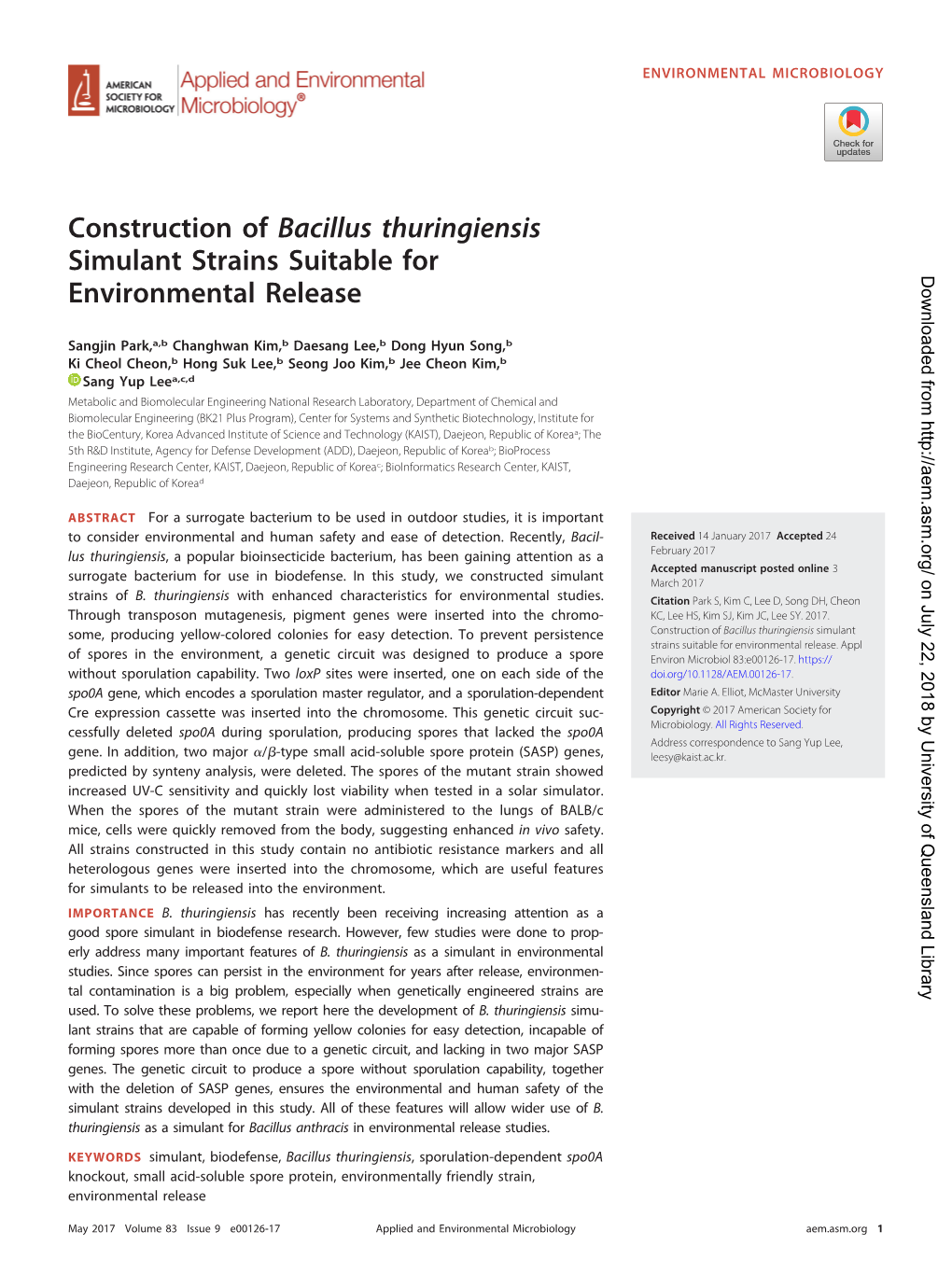 Construction of Bacillus Thuringiensis Simulant Strains Suitable for Environmental Release