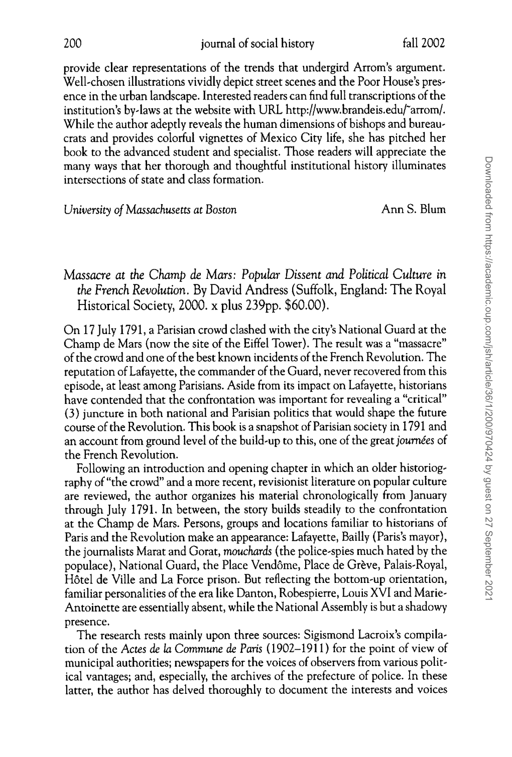 Popular Dissent and Political Culture in the French Revolution. by David Andress (Suffolk, England: the Royal Historical Society, 2000