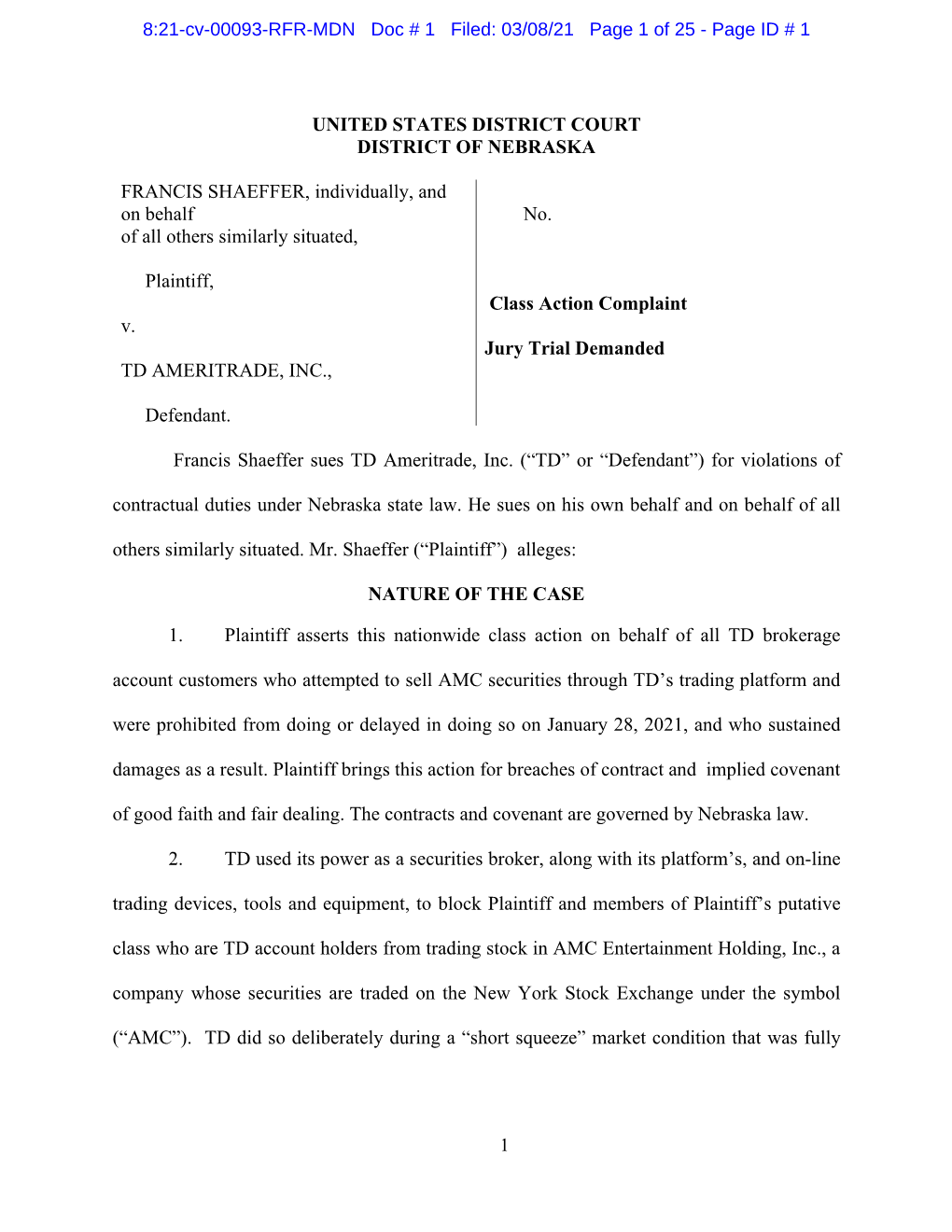 TD Ameritrade Prohibitions on Sales of AMC Stock Complaint