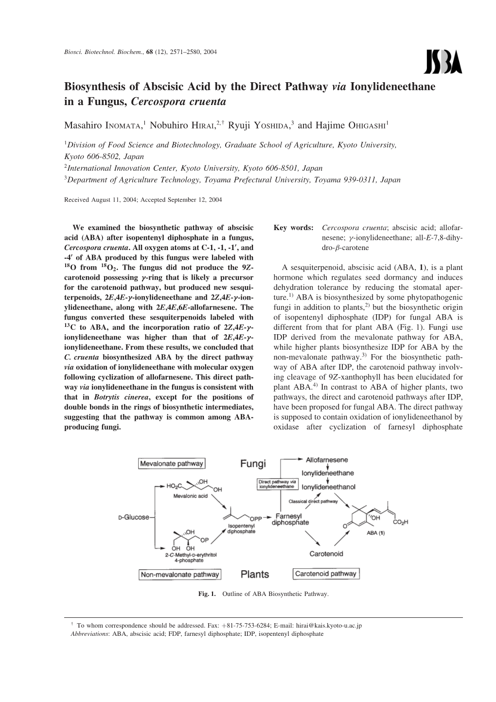 Biosynthesis of Abscisic Acid by the Direct Pathway Via Ionylideneethane in a Fungus, Cercospora Cruenta