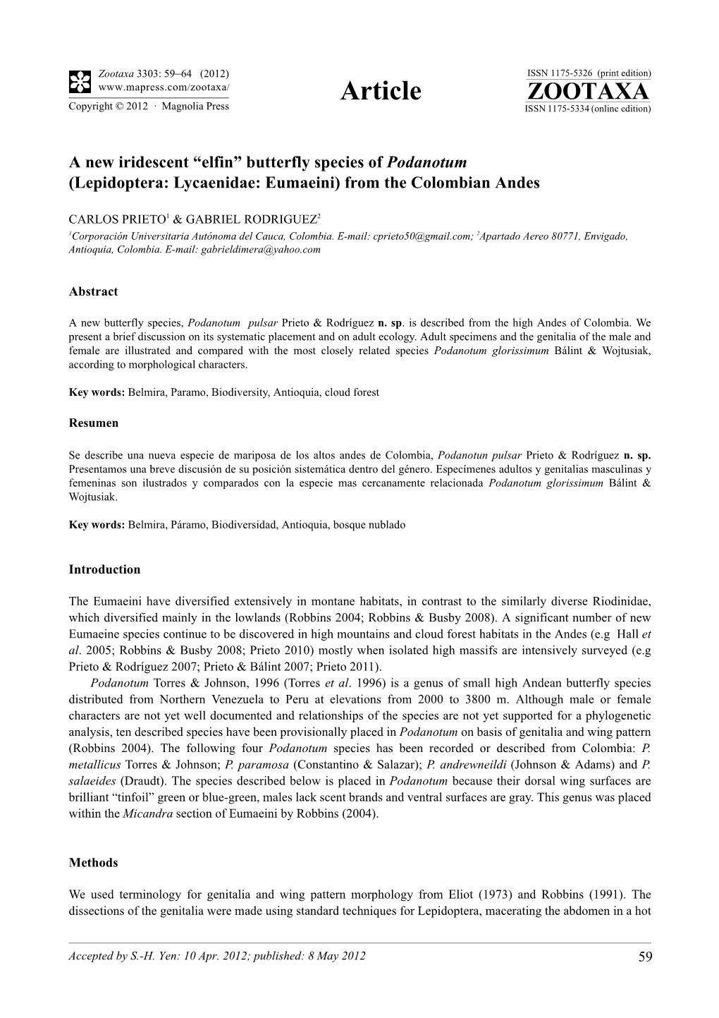 Butterfly Species of Podanotum (Lepidoptera: Lycaenidae: Eumaeini) from the Colombian Andes