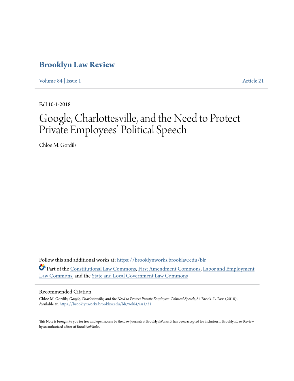 Google, Charlottesville, and the Need to Protect Private Employees’ Political Speech Chloe M