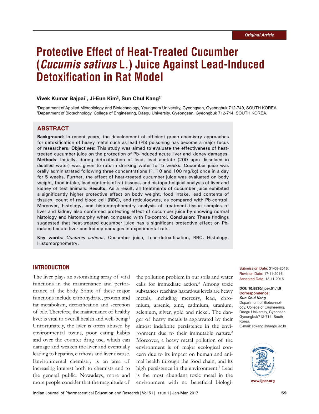 Protective Effect of Heat-Treated Cucumber (Cucumis Sativus L.) Juice Against Lead-Induced Detoxification in Rat Model