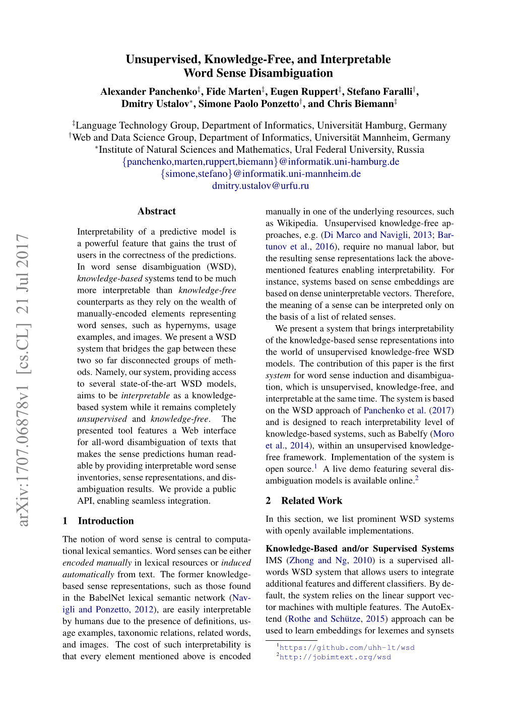 Unsupervised, Knowledge-Free, and Interpretable Word Sense Disambiguation